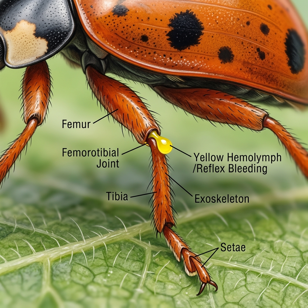 A macro educational illustration focusing on the leg joints of a ladybug, showing a tiny droplet of yellow hemolymph (reflex bleeding) being secreted from the knee joint as a defense mechanism.